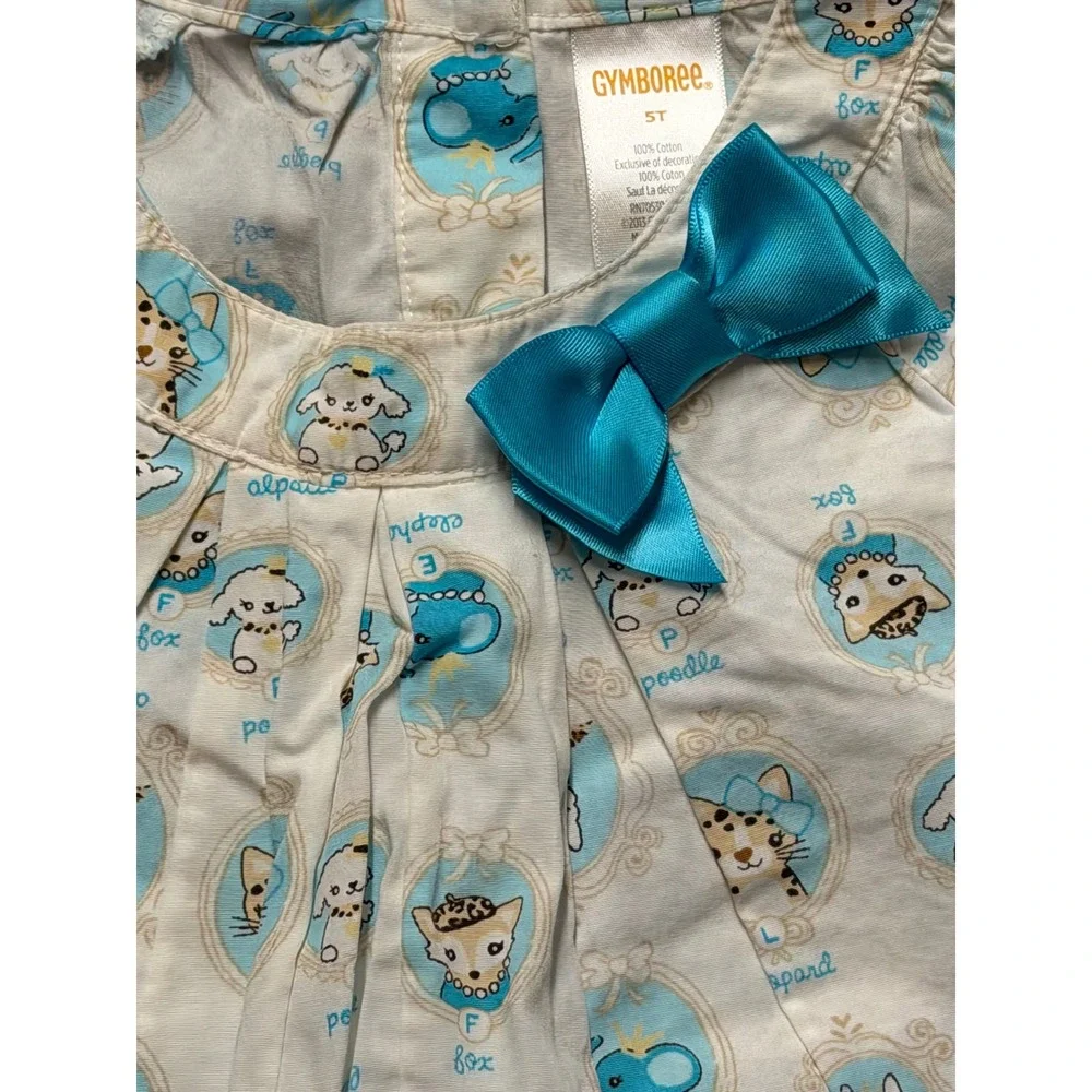 Gymboree 2013 5T Animal Portrait Print Tunic Top White Blue Bow Cotton Pleated